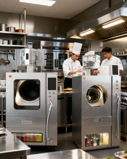 Robot de cocina inteligente Cheflubekah GA48 en cocina profesional con cocineros