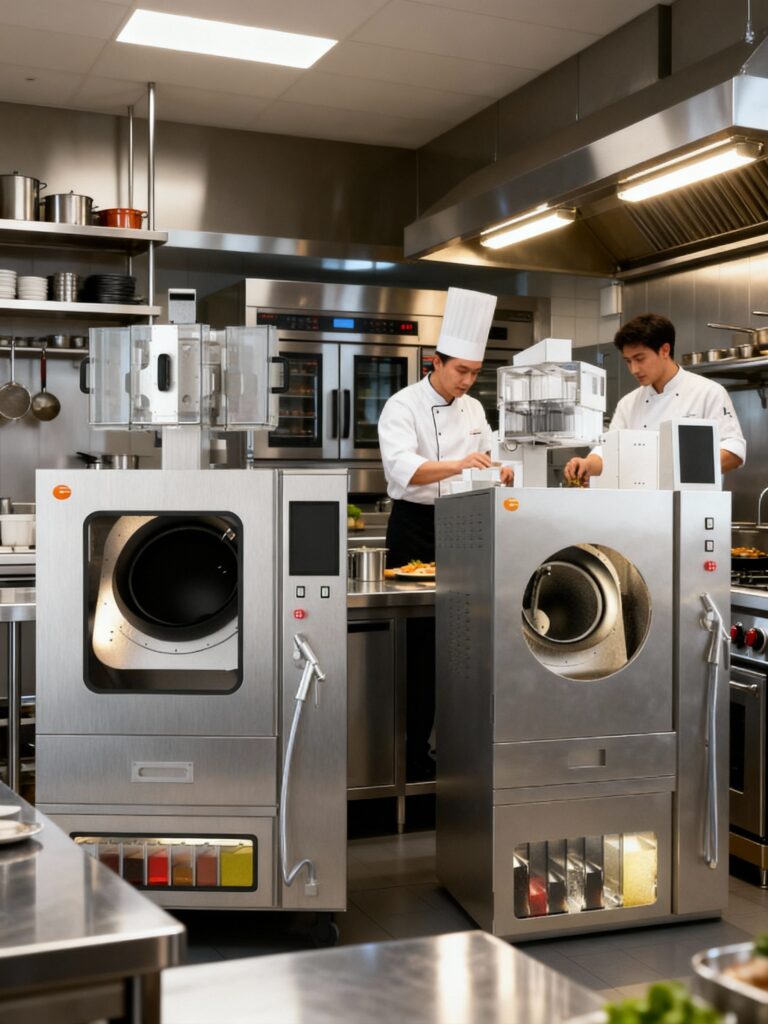 Robot de cocina inteligente Cheflubekah GA48 en cocina profesional con cocineros